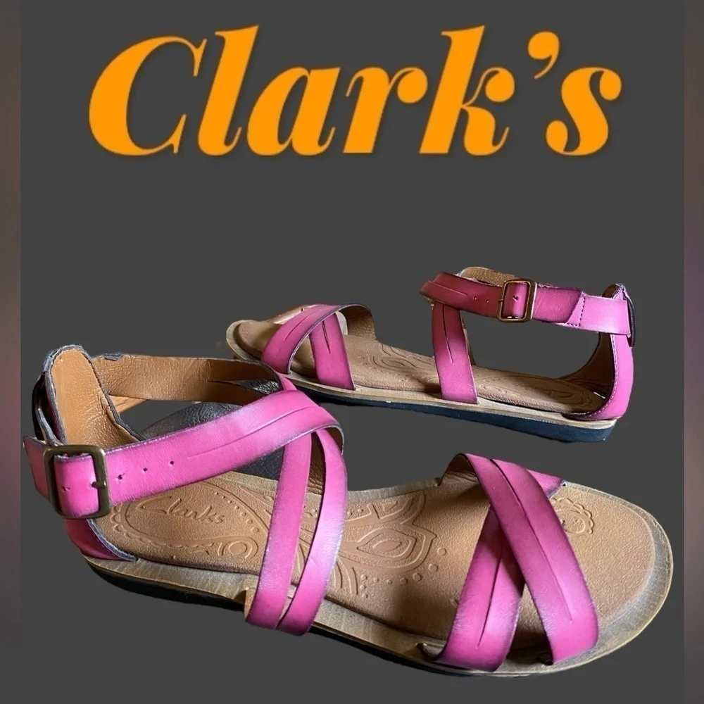 Clark’s-size 8 raspberry “Billie Jazz” sandals. Non slip sole. VG preowned!!